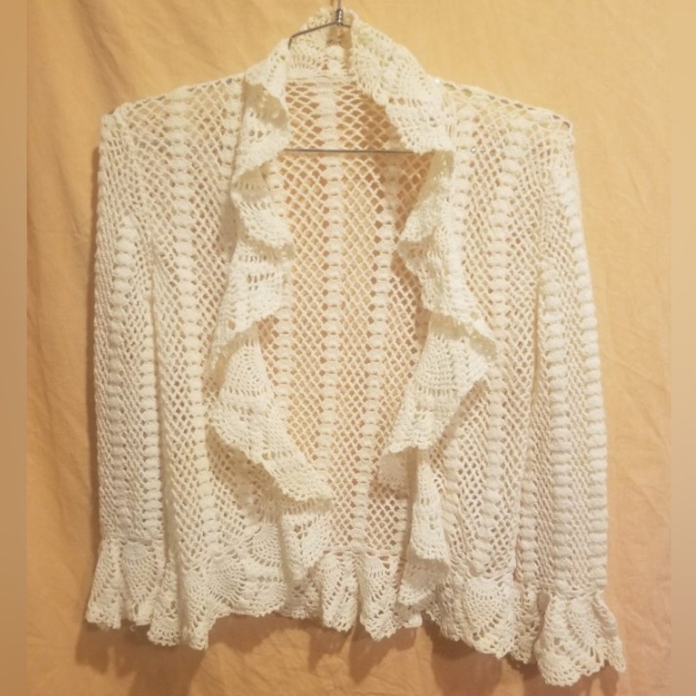 Hand crochet cream-colored, open-front boho/bohemian- style cardigan sweater